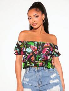 SHEIN SXY Áo sơ mi nữ Thắt nút phân lớp Loại bướm Tất cả trên in Giải trí - Nhiều màu - Xem 3