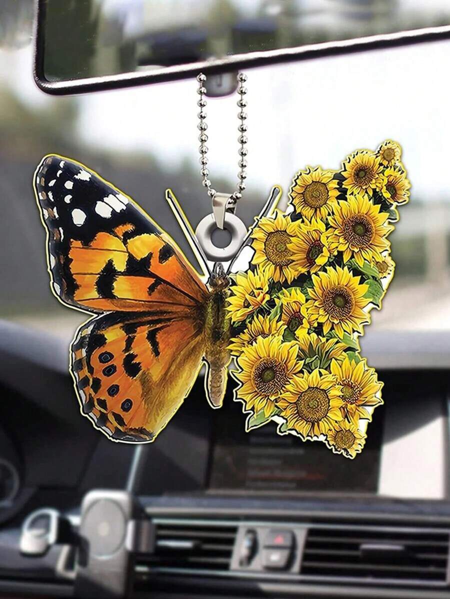 1 Gương Chiếu Hậu Ô Tô Treo Trang Trí Với Thiết Kế Bướm Và Hoa Hướng Dương - Nhiều màu - Xem 1