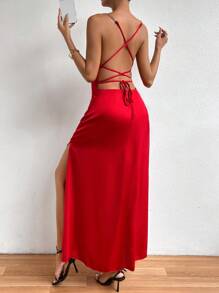 SHEIN Allurite 垂領鏈條帶高衩吊帶洋裝 - 紅色 - 查看 2