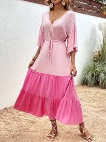 SHEIN Holidaya Vestido de dos tonos de manga con volante bajo con fruncido