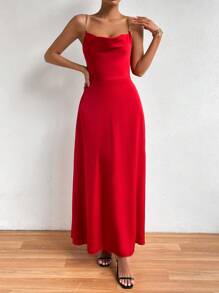 SHEIN Allurite 垂領鏈條帶高衩吊帶洋裝 - 紅色 - 查看 3