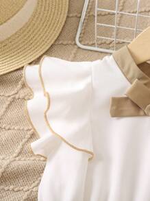 SHEIN Young Girl Two Tone Ruffle Trim Bow Front Belted Jumpsuit - Multicolor - View 6