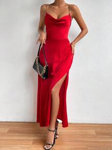 SHEIN Allurite 垂領鏈條帶高衩吊帶洋裝 - 紅色 - 查看 4