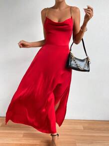 SHEIN Allurite 垂領鏈條帶高衩吊帶洋裝 - 紅色 - 查看 5