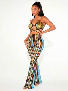 SHEIN SXY Bộ đồ hai mảnh nữ Lộ Lưng Hội Chữ thập Buộc lại Hình học Bộ lạc Boho - Nhiều màu - Xem 3