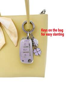 Móc khóa trang trí kim cương thời trang Violet Flower & Leaf + Vỏ chìa khóa Violet chống rơi + Tương thích với vỏ chìa khóa Audi cho xe A3/q3/q2l/s3, bao gồm A3l, A6l, Q7, A7 và A8 mới - Màu tím - Xem 3