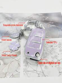 Móc khóa trang trí kim cương thời trang Violet Flower & Leaf + Vỏ chìa khóa Violet chống rơi + Tương thích với vỏ chìa khóa Audi cho xe A3/q3/q2l/s3, bao gồm A3l, A6l, Q7, A7 và A8 mới - Màu tím - Xem 8