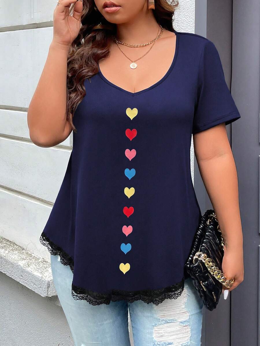 SHEIN LUNE Áo thun Plus size Tương phản ren Tim Giải trí - Màu xanh hải quân - Xem 1