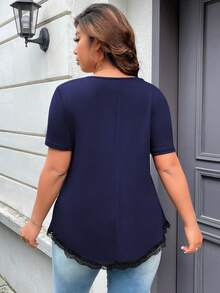 SHEIN LUNE Áo thun Plus size Tương phản ren Tim Giải trí - Màu xanh hải quân - Xem 2