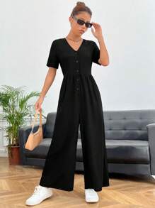 SHEIN EZwear 素色前紐扣闊腿連體褲 - 黑色 - 查看 2