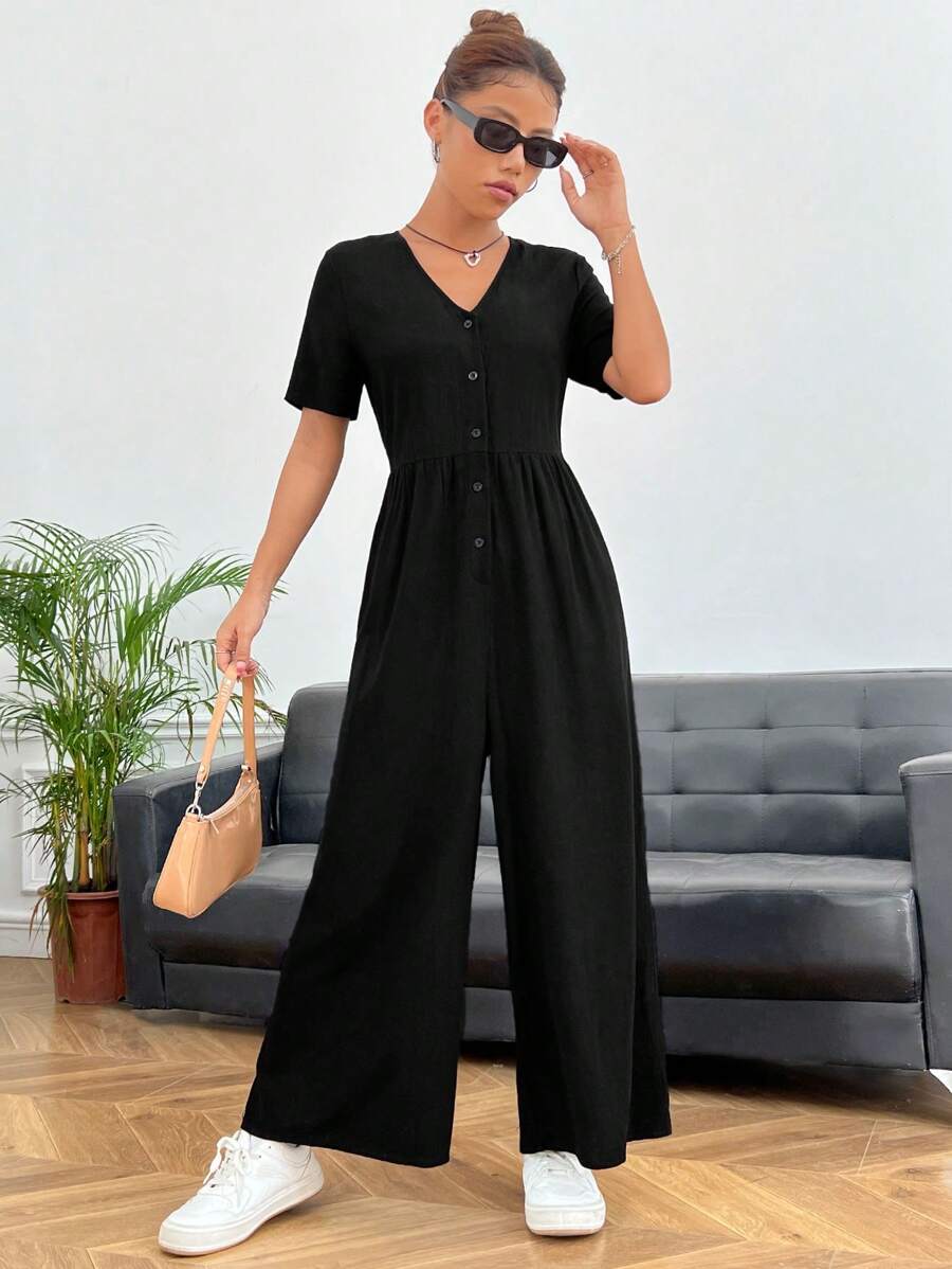 SHEIN EZwear 素色前紐扣闊腿連體褲