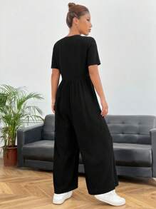 SHEIN EZwear 素色前紐扣闊腿連體褲 - 黑色 - 查看 3