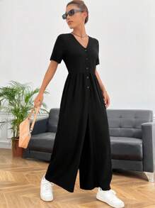 SHEIN EZwear 素色前紐扣闊腿連體褲 - 黑色 - 查看 4