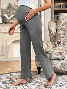 SHEIN 孕婦寬腰帶前打結長褲 - 深灰色 - 查看 5