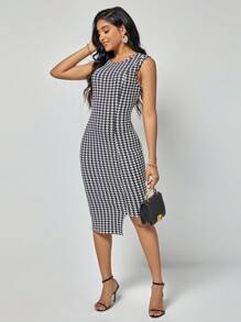 SHEIN Clasi 千鳥格印花不對稱下擺緊身連衣裙 - 黑與白 - 查看 5