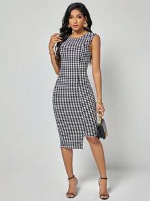 SHEIN Clasi 千鳥格印花不對稱下擺緊身連衣裙 - 黑與白 - 查看 1