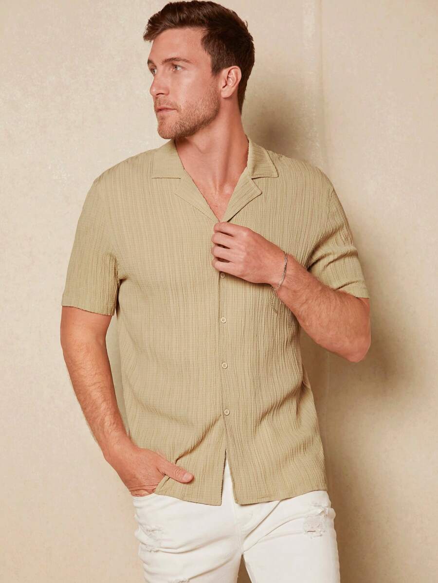 Manfinity VCAY 宽松男士纯色翻领短袖衬衫 - 卡其色 - 查看 1