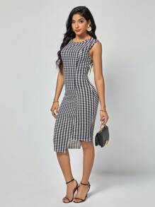 SHEIN Clasi 千鳥格印花不對稱下擺緊身連衣裙 - 黑與白 - 查看 6