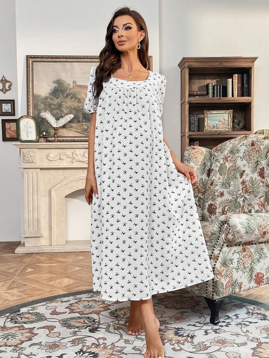 SHEIN 孕婦碎花方領洋裝 - 白色 - 查看 1