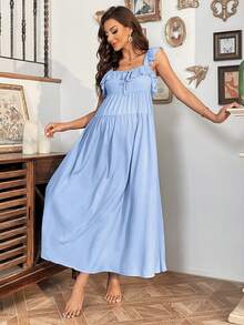 SHEIN Maternidad Vestido volante de encaje ribete con cordón delantero - Celeste - Ver 3