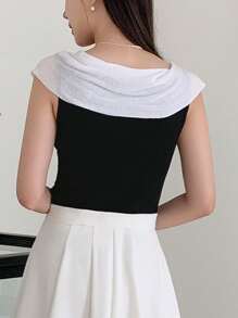 DAZY Colourblock Tie Front Knit Top - Black and White - View 2