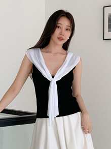 DAZY Colourblock Tie Front Knit Top - Black and White - View 3