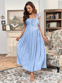 SHEIN Maternidad Vestido volante de encaje ribete con cordón delantero - Celeste - Ver 5