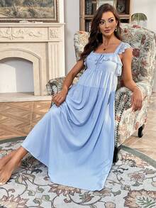 SHEIN Maternidad Vestido volante de encaje ribete con cordón delantero - Celeste - Ver 6