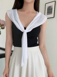 DAZY Colourblock Tie Front Knit Top - Black and White - View 1