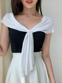 DAZY Colourblock Tie Front Knit Top - Black and White - View 5