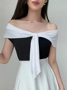 DAZY Colourblock Tie Front Knit Top - Black and White - View 8