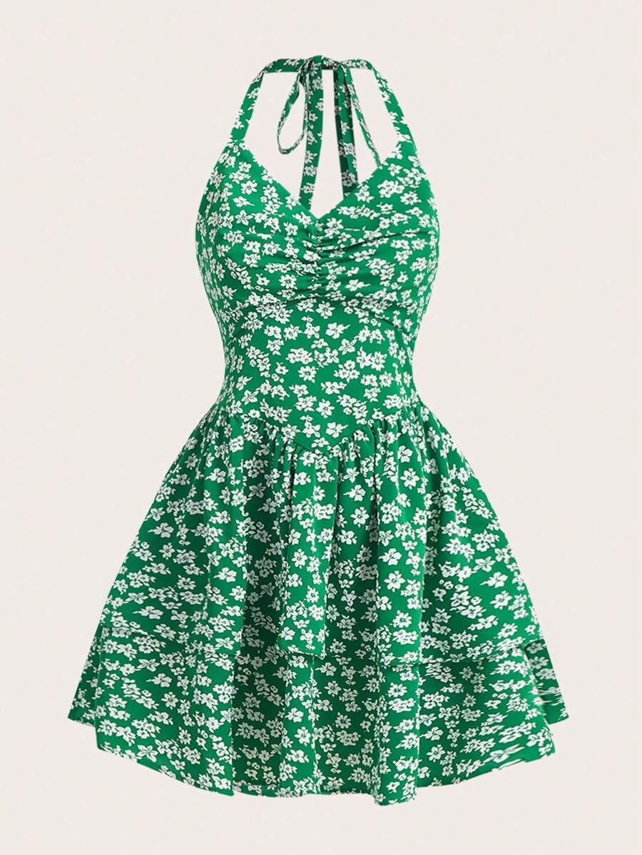 SHEIN EZwear 印花胸部褶皺掛脖連衣裙 - 綠色 - 查看 1