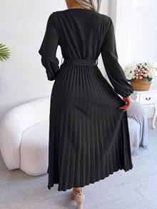 Đầm Thắt lưng Xếp li Trọn gói màu trơn Thanh lịch - màu đen - Xem 2