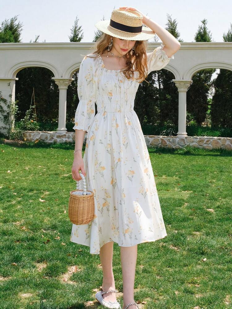 Floral Print Virago Sleeve Dress - Yellow - View 7