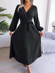 Đầm Thắt lưng Xếp li Trọn gói màu trơn Thanh lịch - màu đen - Xem 5