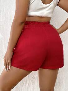SHEIN EZwear Quần short denim oversized Dây kéo Túi Quần paper-bag màu trơn - Đỏ - Xem 3