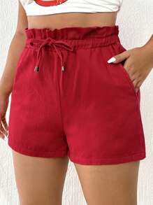SHEIN EZwear Quần short denim oversized Dây kéo Túi Quần paper-bag màu trơn - Đỏ - Xem 1