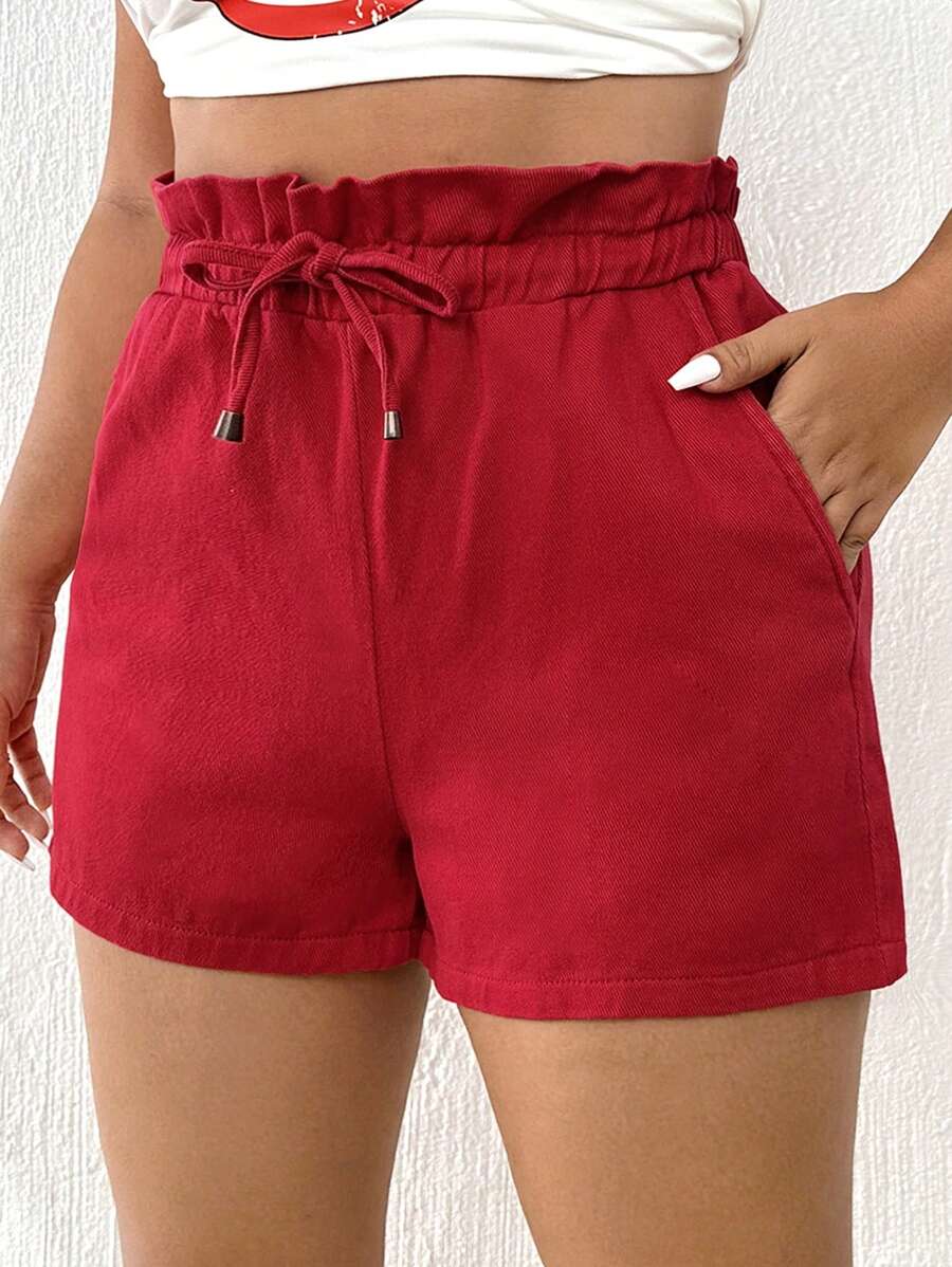SHEIN EZwear Quần short denim oversized Dây kéo Túi Quần paper-bag màu trơn - Đỏ - Xem 1