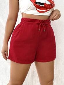 SHEIN EZwear Quần short denim oversized Dây kéo Túi Quần paper-bag màu trơn - Đỏ - Xem 4