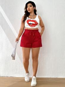 SHEIN EZwear Quần short denim oversized Dây kéo Túi Quần paper-bag màu trơn - Đỏ - Xem 5