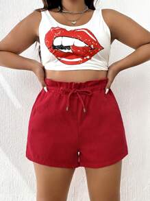 SHEIN EZwear Quần short denim oversized Dây kéo Túi Quần paper-bag màu trơn - Đỏ - Xem 6