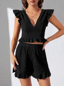 SHEIN Tall Ruffle Trim Crop Top & Shorts - Black - View 1