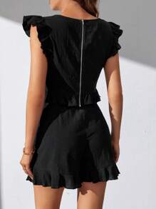 SHEIN Tall Ruffle Trim Crop Top & Shorts - Black - View 2