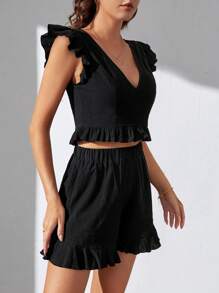 SHEIN Tall Ruffle Trim Crop Top & Shorts - Black - View 4