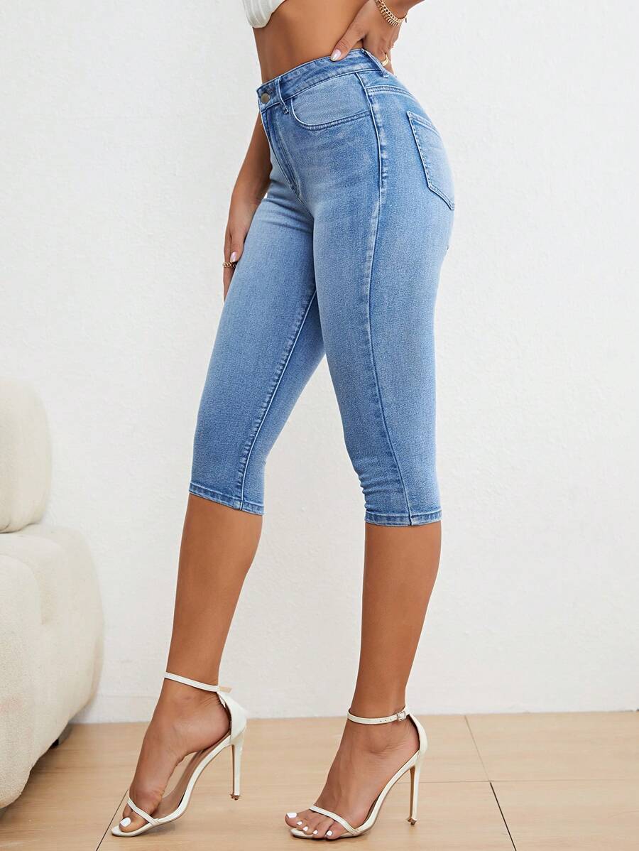 SHEIN Privé Quần jean nữ Nút Túi Dây kéo màu trơn - Rửa trung bình - Xem 1
