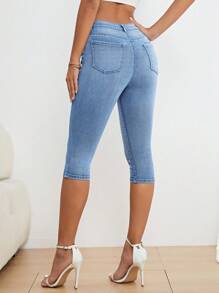 SHEIN Privé Quần jean nữ Nút Túi Dây kéo màu trơn - Rửa trung bình - Xem 3