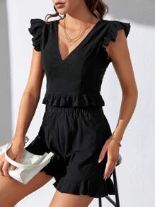 SHEIN Tall Ruffle Trim Crop Top & Shorts - Black - View 6