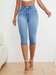 SHEIN Privé Quần jean nữ Nút Túi Dây kéo màu trơn - Rửa trung bình - Xem 4
