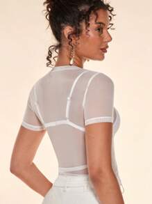 SHEIN BAE Solid Sheer Mesh Top Without Bra - White - View 2