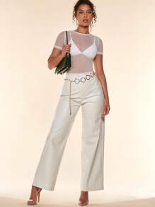 SHEIN BAE Solid Sheer Mesh Top Without Bra - White - View 3